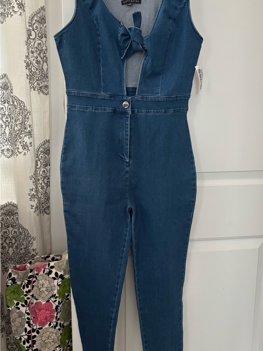 Haute Monde Dark Blue Denim Tie-Front Jumpsuit